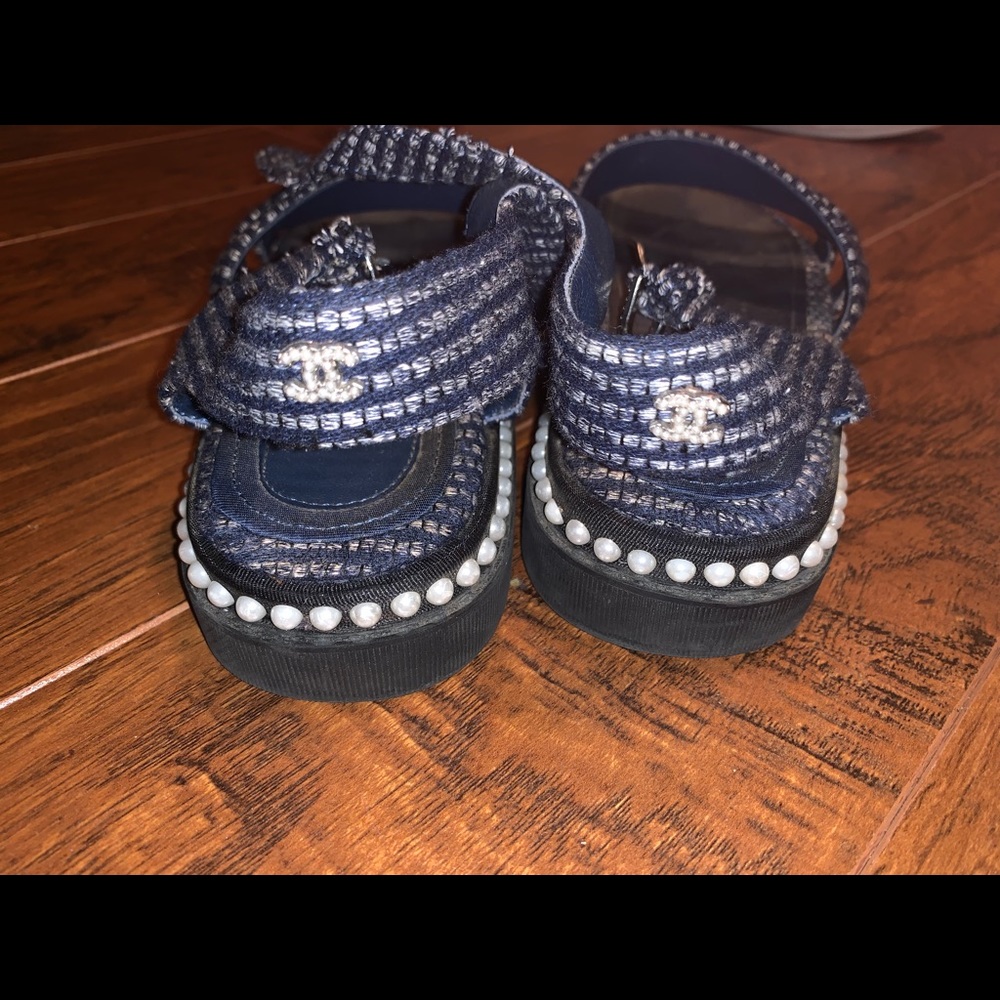 CHANEL Pearl Embellished Strappy Tweed Flat Sandal